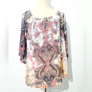 Live and Let Live Boho Peasant Blouse Size XL Sheer Paisley Print Top 3/4 Sleeve